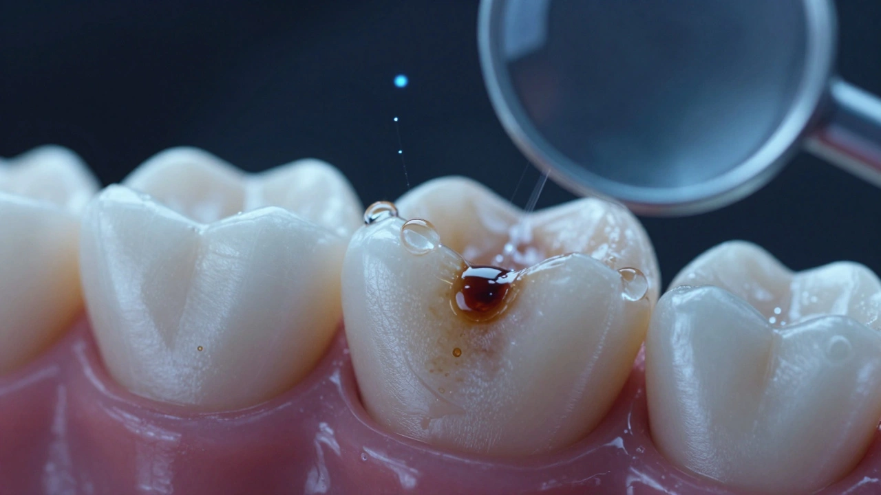 Zvětšený pohled na zubní sklovinku po bělení s vstřebáváním barviv.