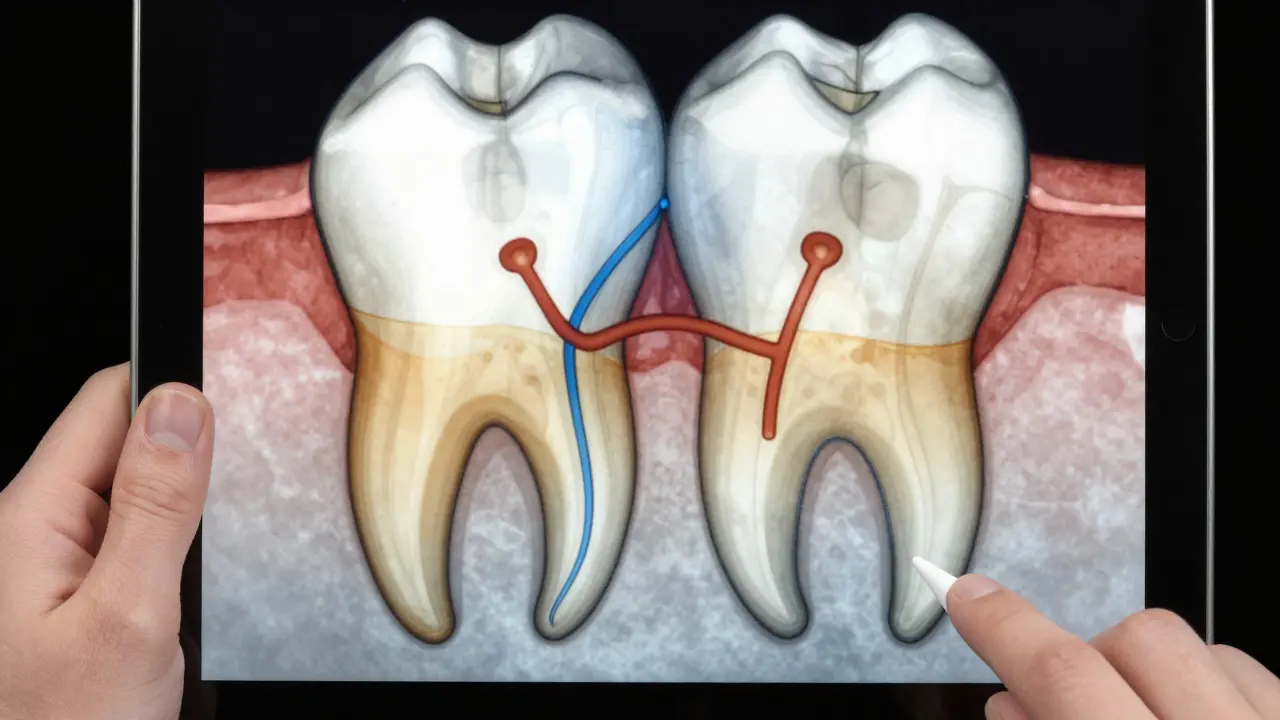 3D rentgenový snímek třenového zubu se dvěma kořenovými kanály