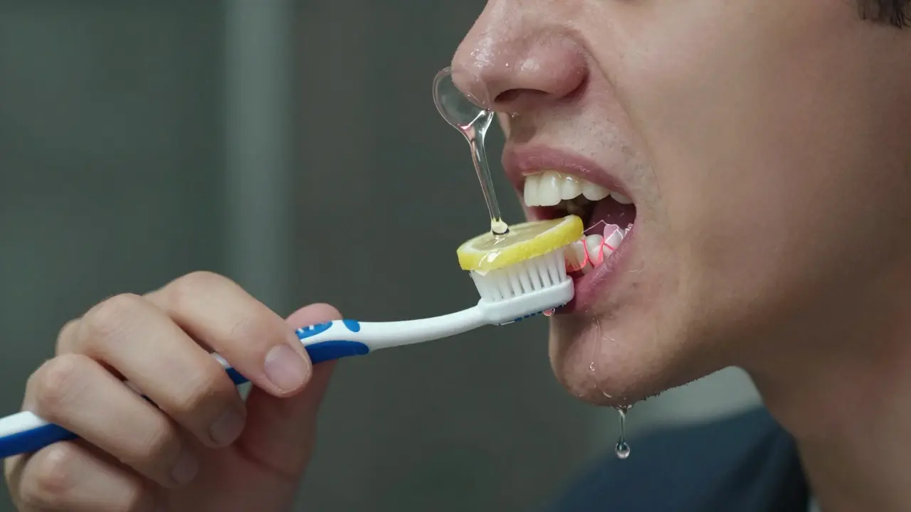Člověk čistí zuby po kyselém nápoji, agresivně kartáčkem, s příznaky eroze.
