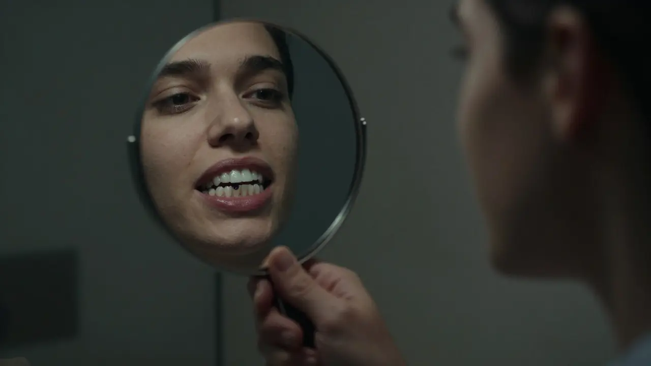Člověk se dívá do zrcadla, kde jeho zuby ukazují skryté praskliny, které vidí jen odraz.