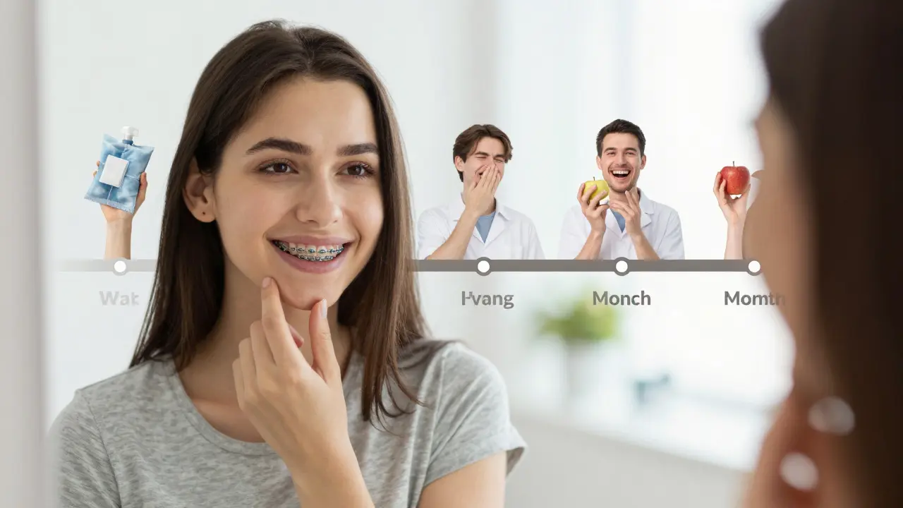 Člověk se usmívá do zrcadla s rovnátky, za ním časová osa léčby.