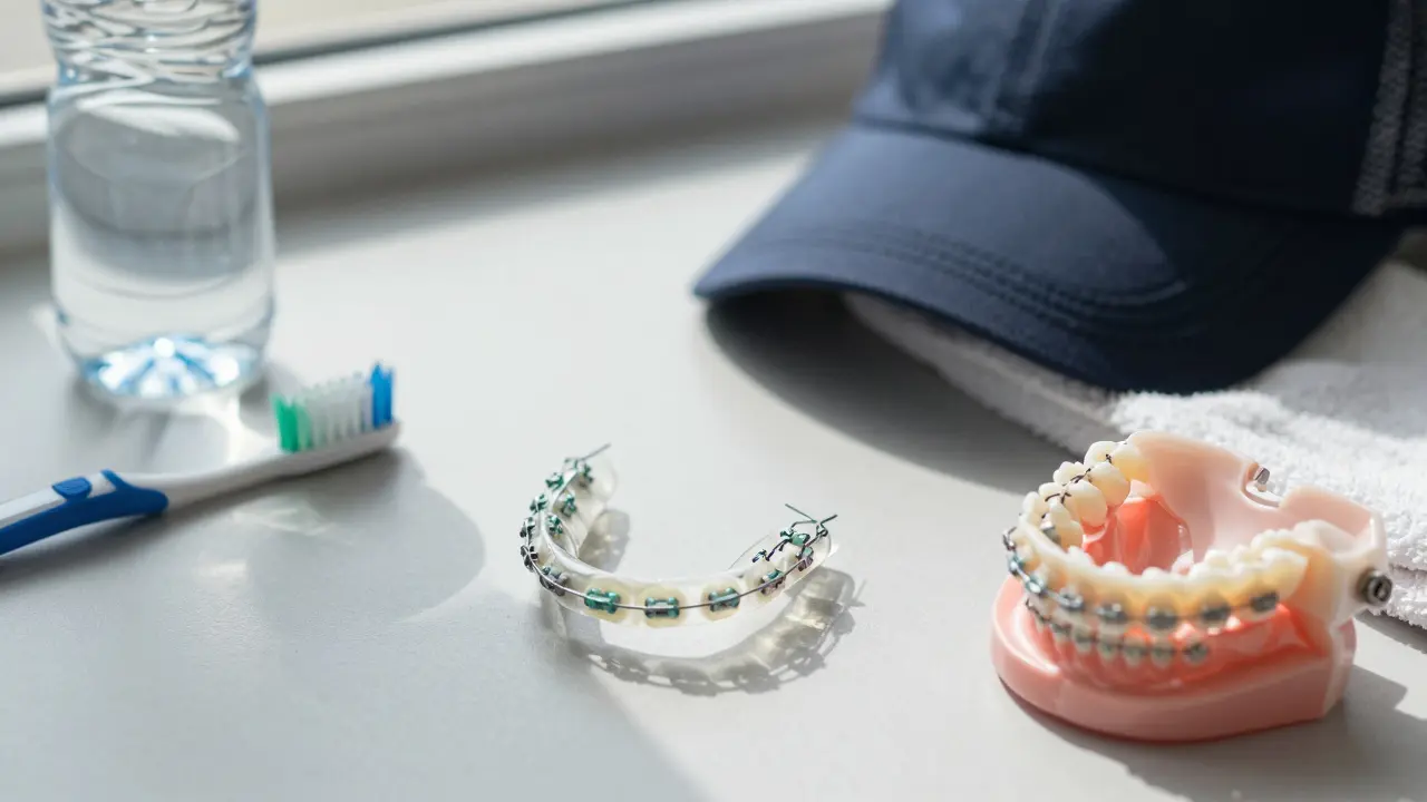 Detail rovnátek s voskem na drátu, vedle nich štít, kartáček a láhev s vodou.