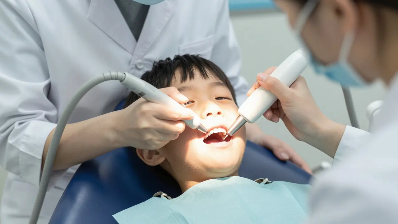 Dítě během zákroku na jazykové poutě, lékař používá laser.