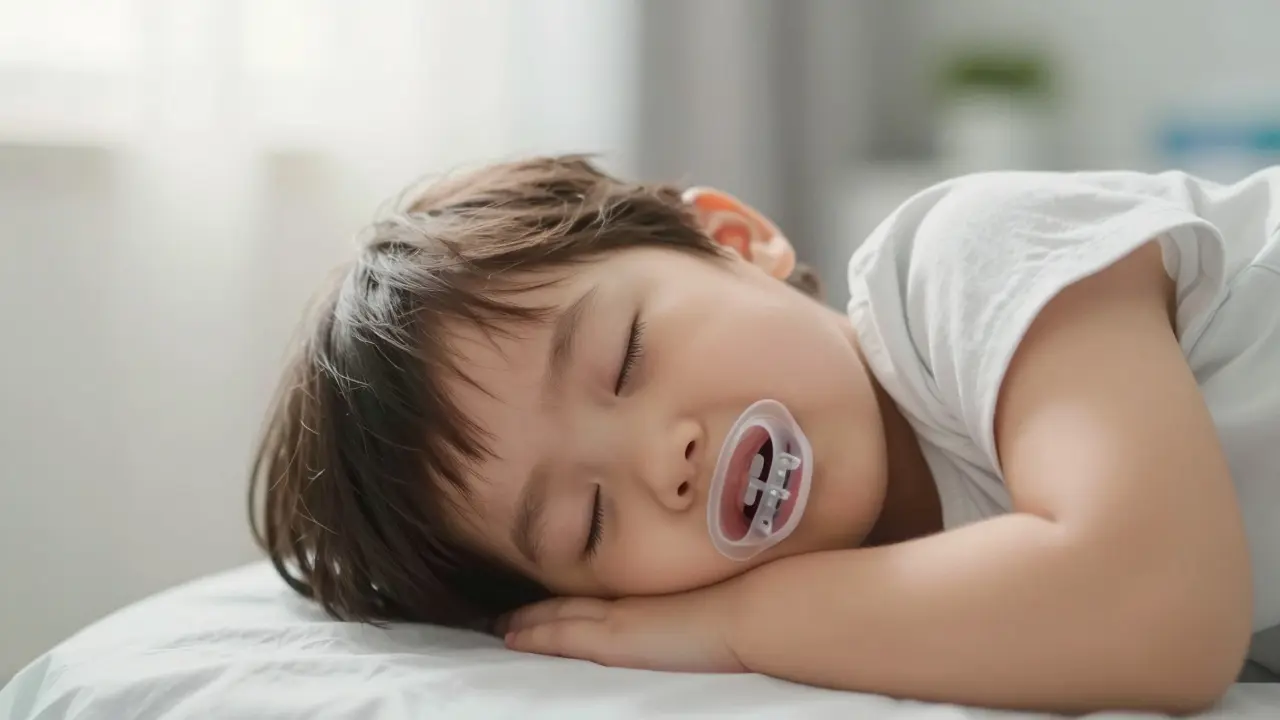 Dítě spí na boku s ortodontickým rozšiřovacím zařízením v ústech, klidný výraz.