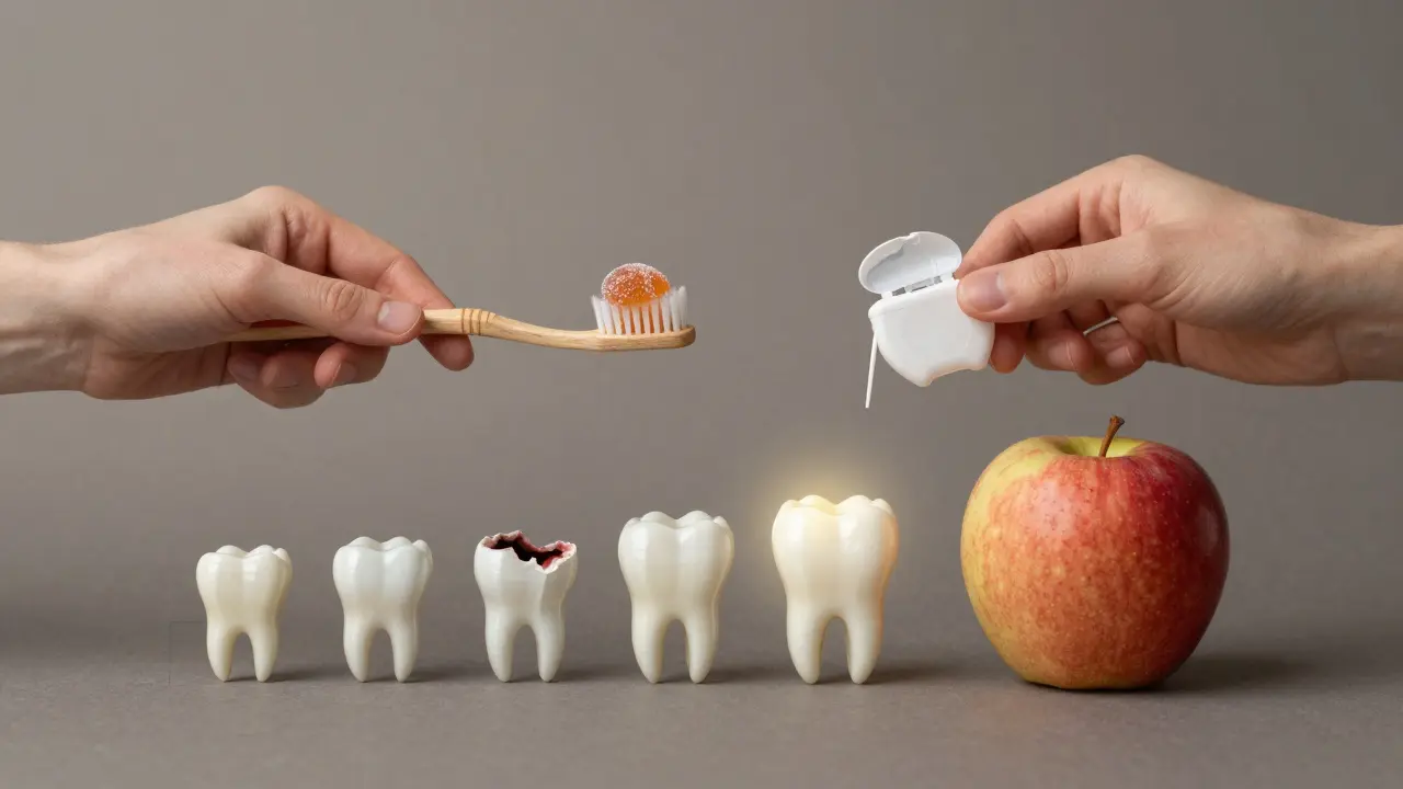 Dvě ruce: jedna s cukrem, druhá se zdravými zuby – symbolický kontrast mezi špatnou a dobrou péčí o zuby.