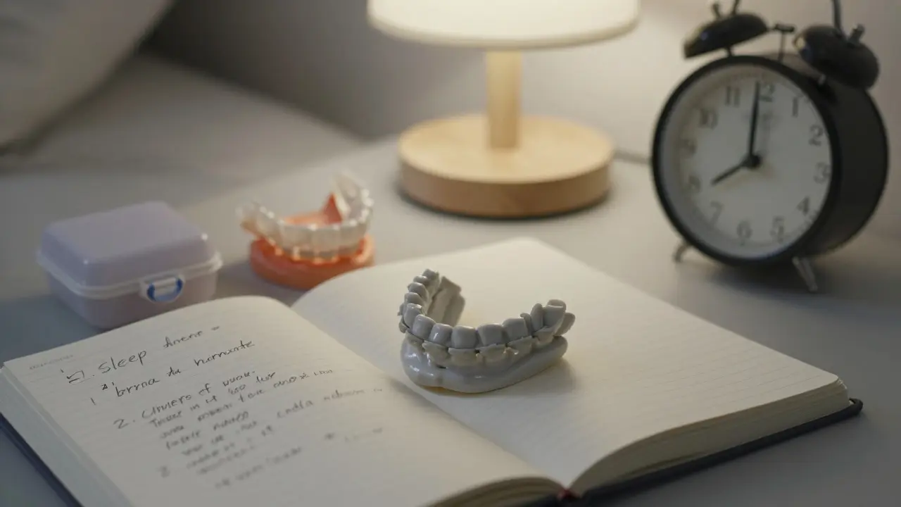 Keramická rovnátka leží na otevřeném deníku s poznámkami o spánku a důvěře.