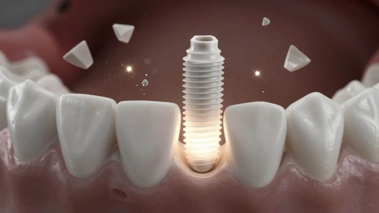 Keramický zub navíc v čelisti, zatímco negativní pocity se rozptylují jako světelné částice.