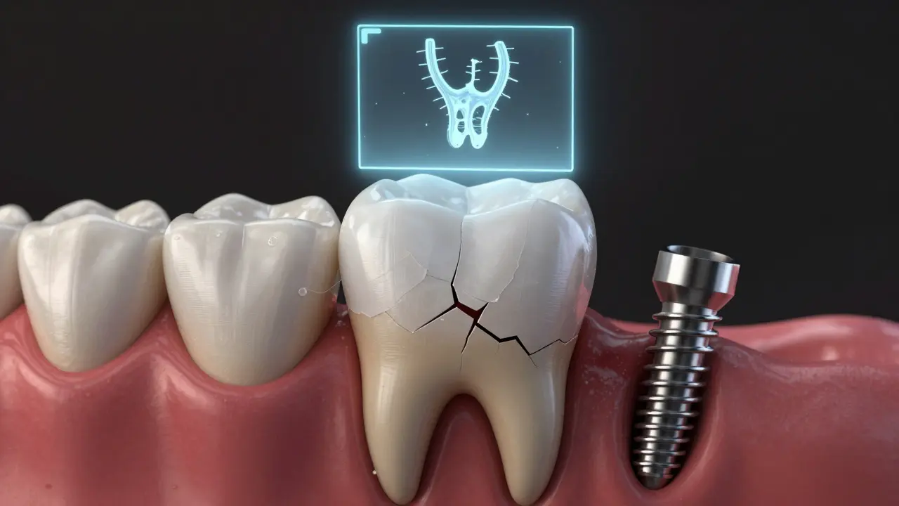 Komedová fazeta na třenovém zubu nad poškozeným kořenem a implantátem