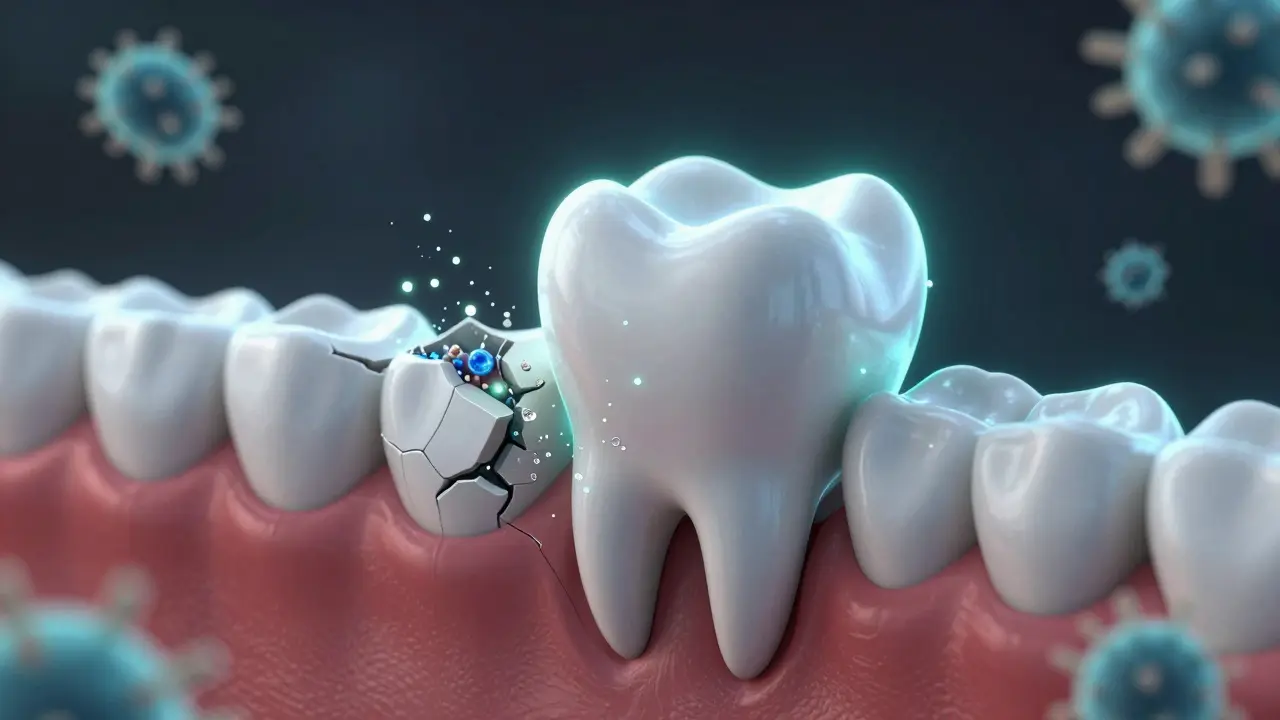 Konceptuální obrázek zubu obnovovaného minerály ze sliny.