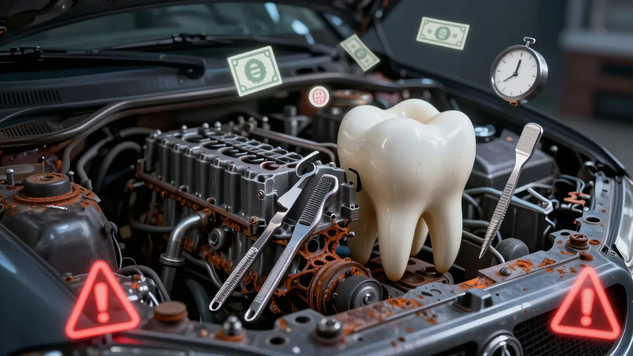 Konzepční obrázek zubu jako motoru auta, který se rozpadá zanedbáváním péče.