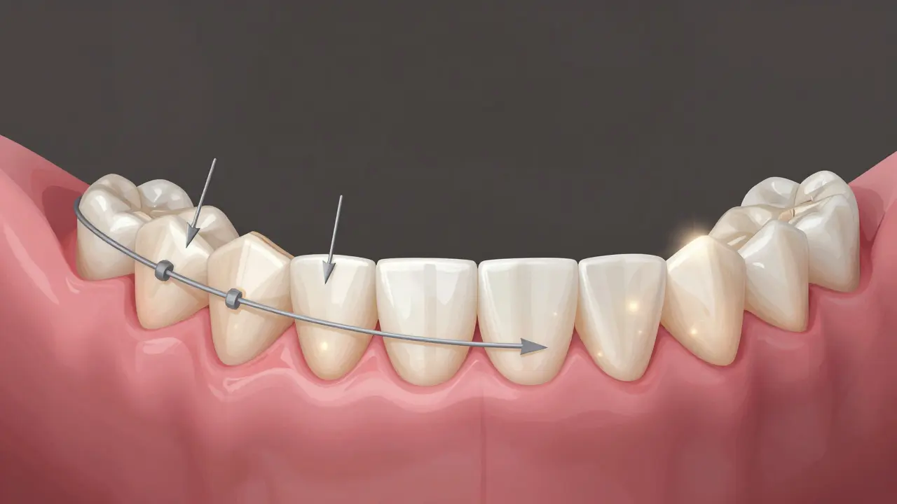 Křížový řez čelisti ukazující postupné přesunutí zubů ortodontickými silami.