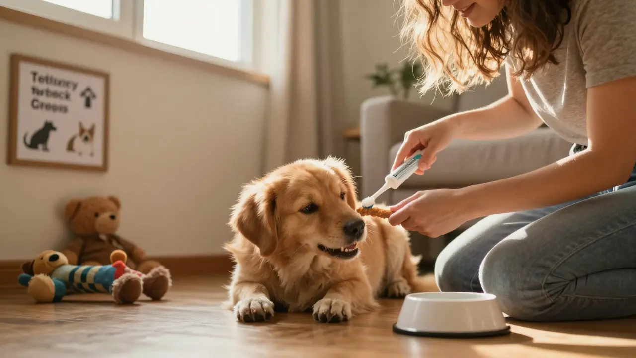 Majitel čistí zuby svému psovi doma pomocí speciální kartáčku a pasty.