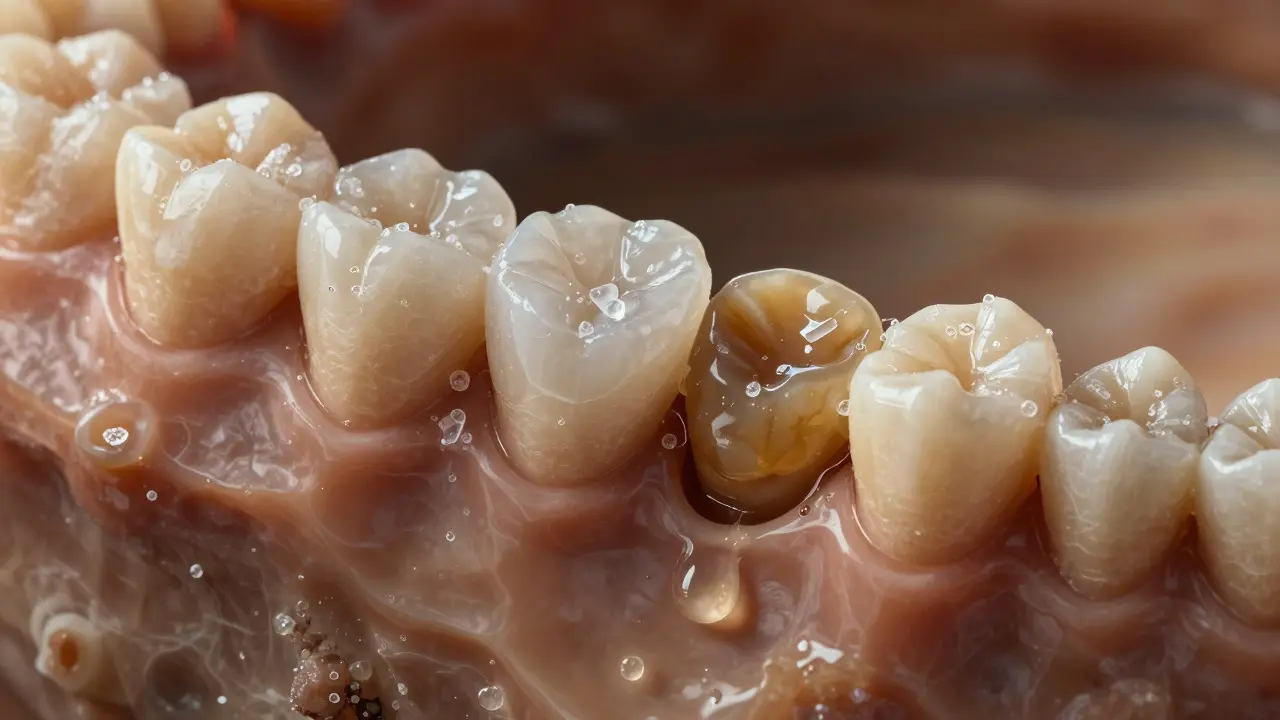 Minerály z slin se usazují na zubech a tvoří tvrdý zubní kámen.