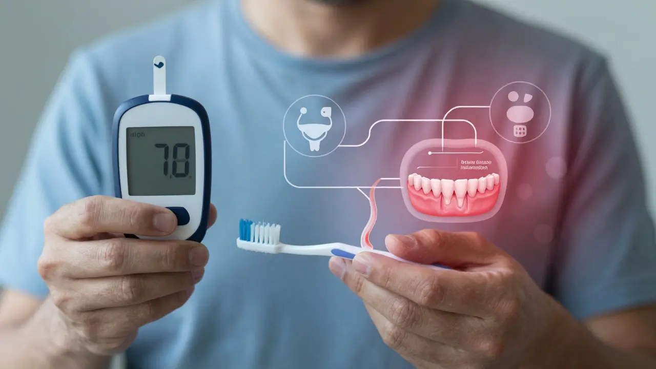 Pacient drží zubní kartáček a monitor cukru, s přehledem spojení mezi diabetem a zdravím úst.