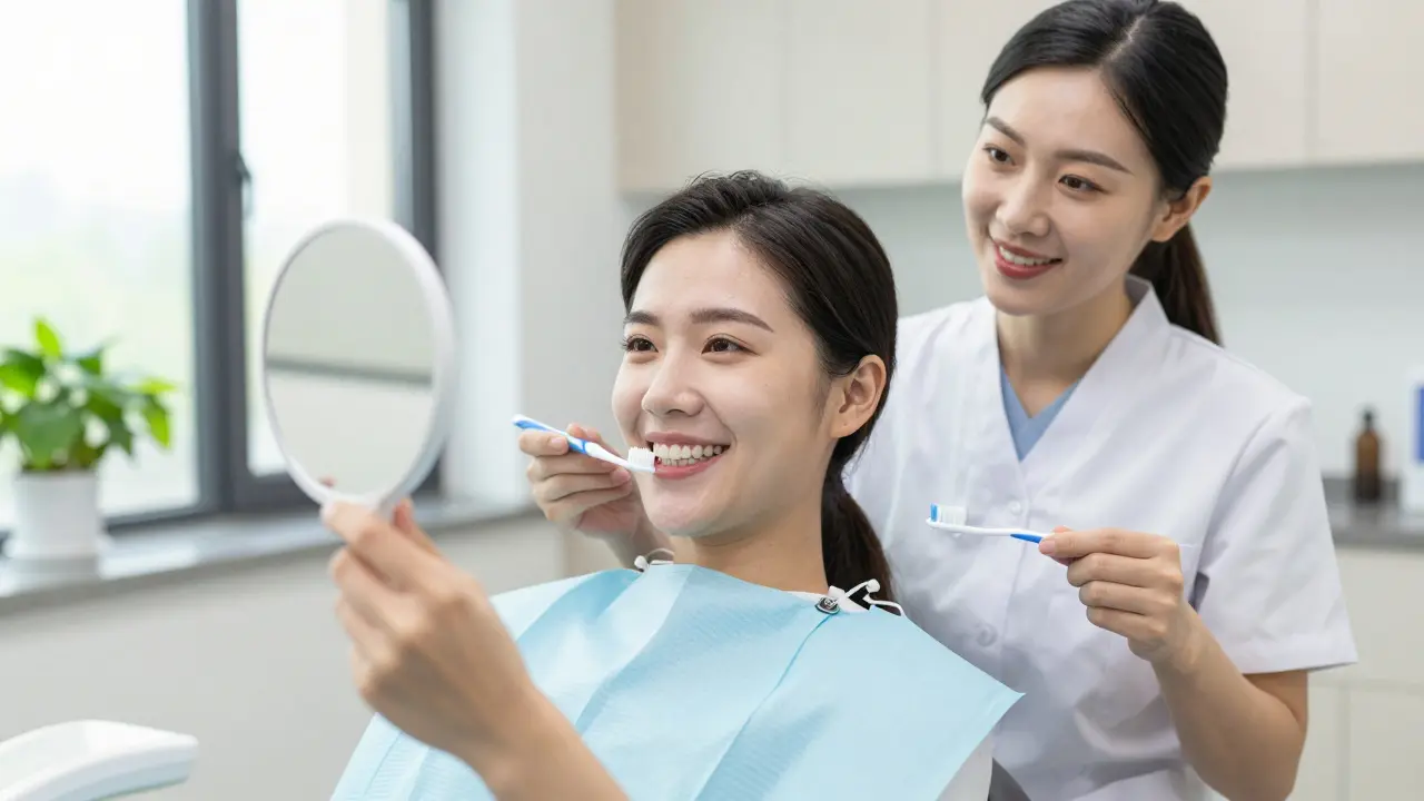 Pacient po profesionálním čištění zubů hledí do zrcadla s čistými a jasnými zuby.