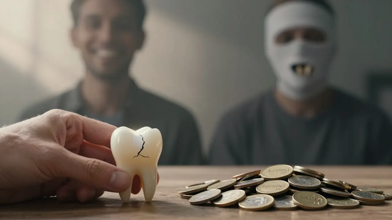 Person comparing cost of early dental filling versus expensive tooth replacement.