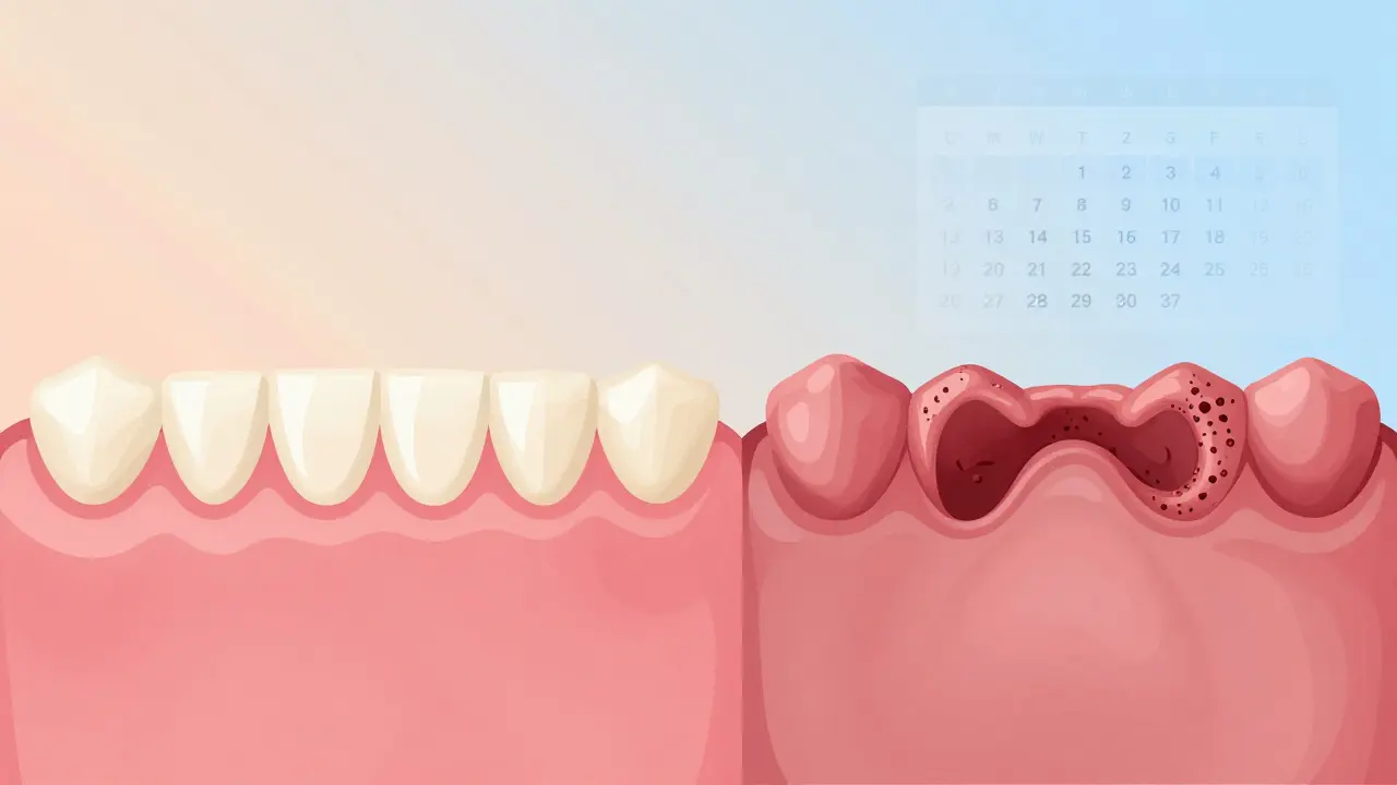 Porovnání zdravých a zánětlivých dásní s viditelným zubním kamenem.