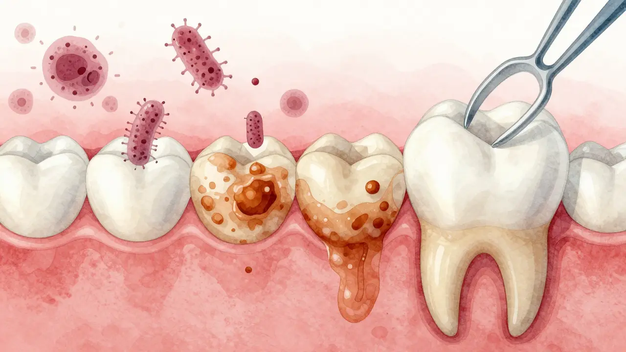 Postup vzniku zubního kamene od plaku k mineralizovanému nárustu a jeho čištění.