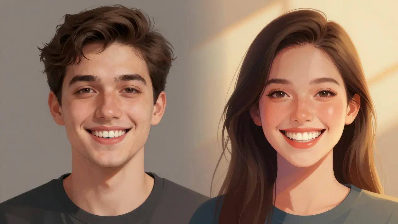 Před a po: stejná osoba, jedna s obavami, druhá se svobodným úsměvem a přirozenými keramickými zuby.