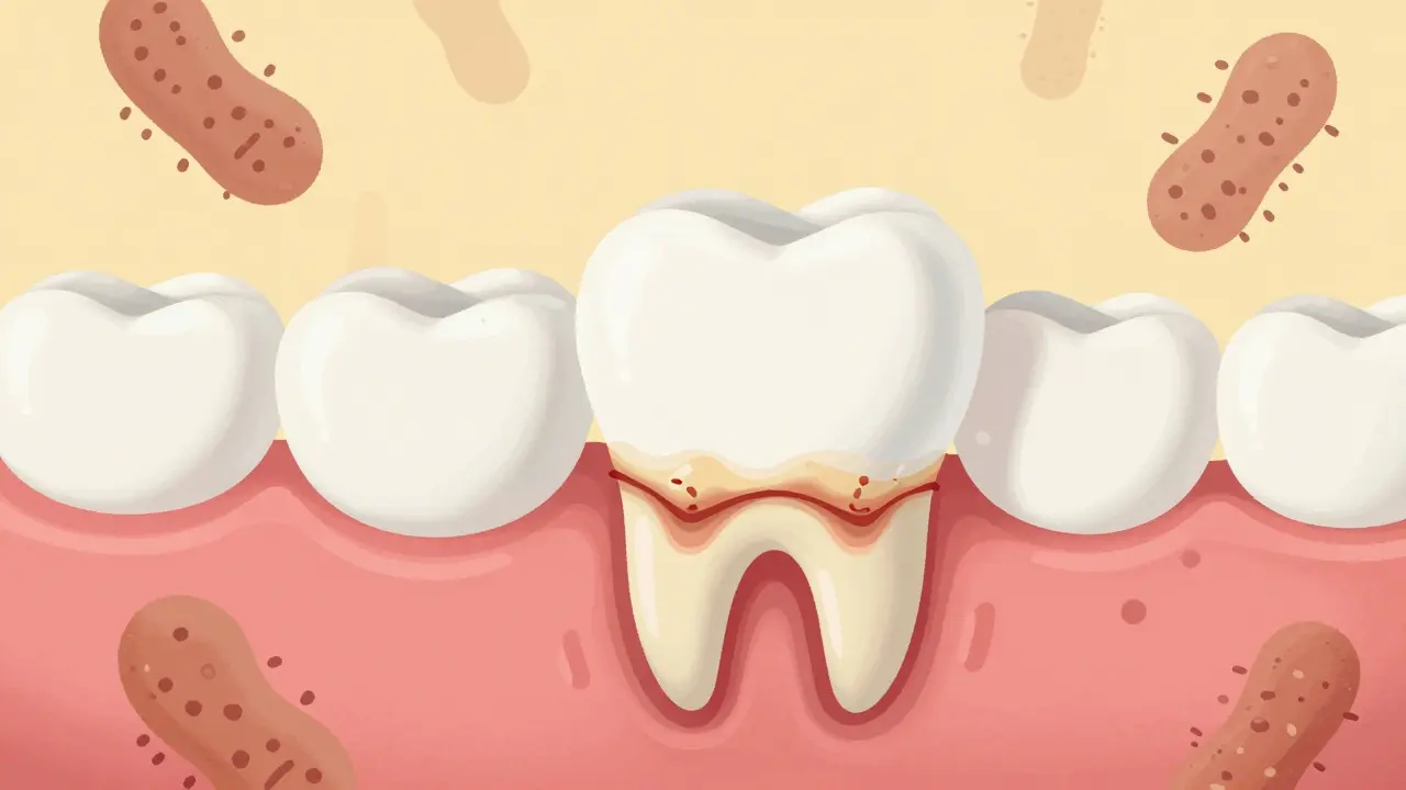 Příčný řez mléčného zubu s nánosem plaku a zubního kamene u dásně.