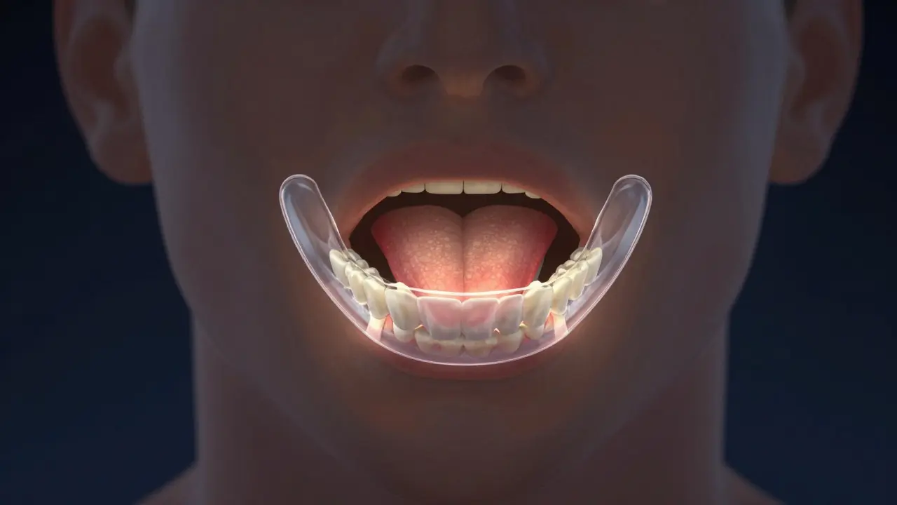 Průřez hlavy ukazující jazyk blokující dýchací cestu s ortézou posouvající čelist dopředu.