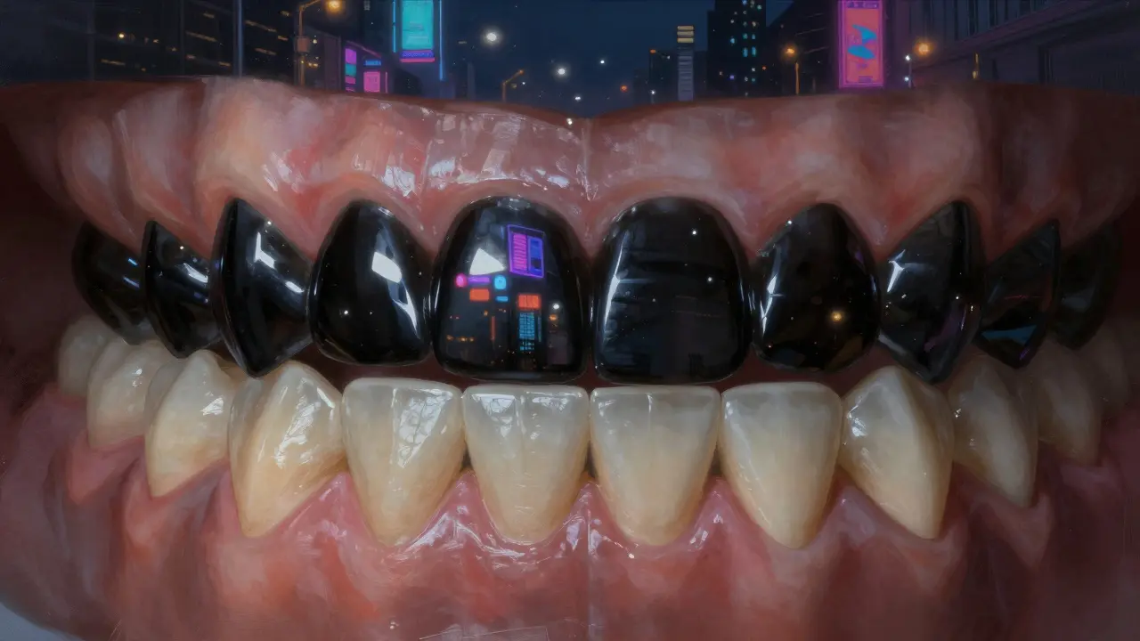 Řada zubů s černými zrcadlovými fasetami odrážejícími městské osvětlení v nočním prostředí.