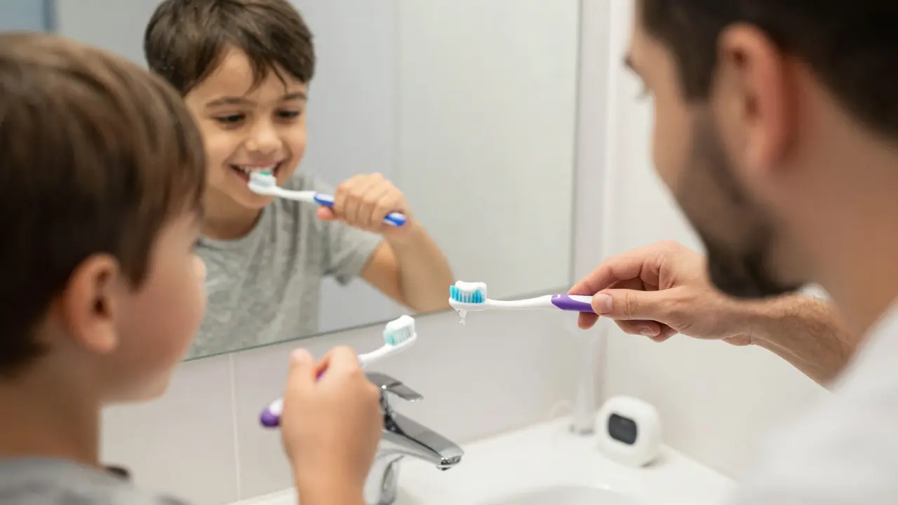 Rodič a dítě společně čistí zuby u umyvadla v koupelně, smějí se do zrcadla.