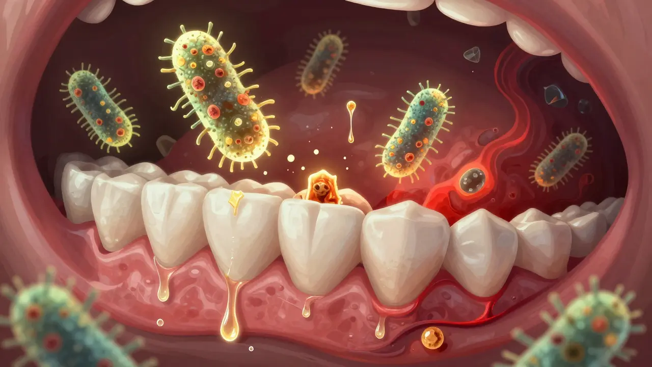 Symbolický obraz bakterií napadajících zubní sklovinu v ústech s vysokým obsahem cukru ve slinách.
