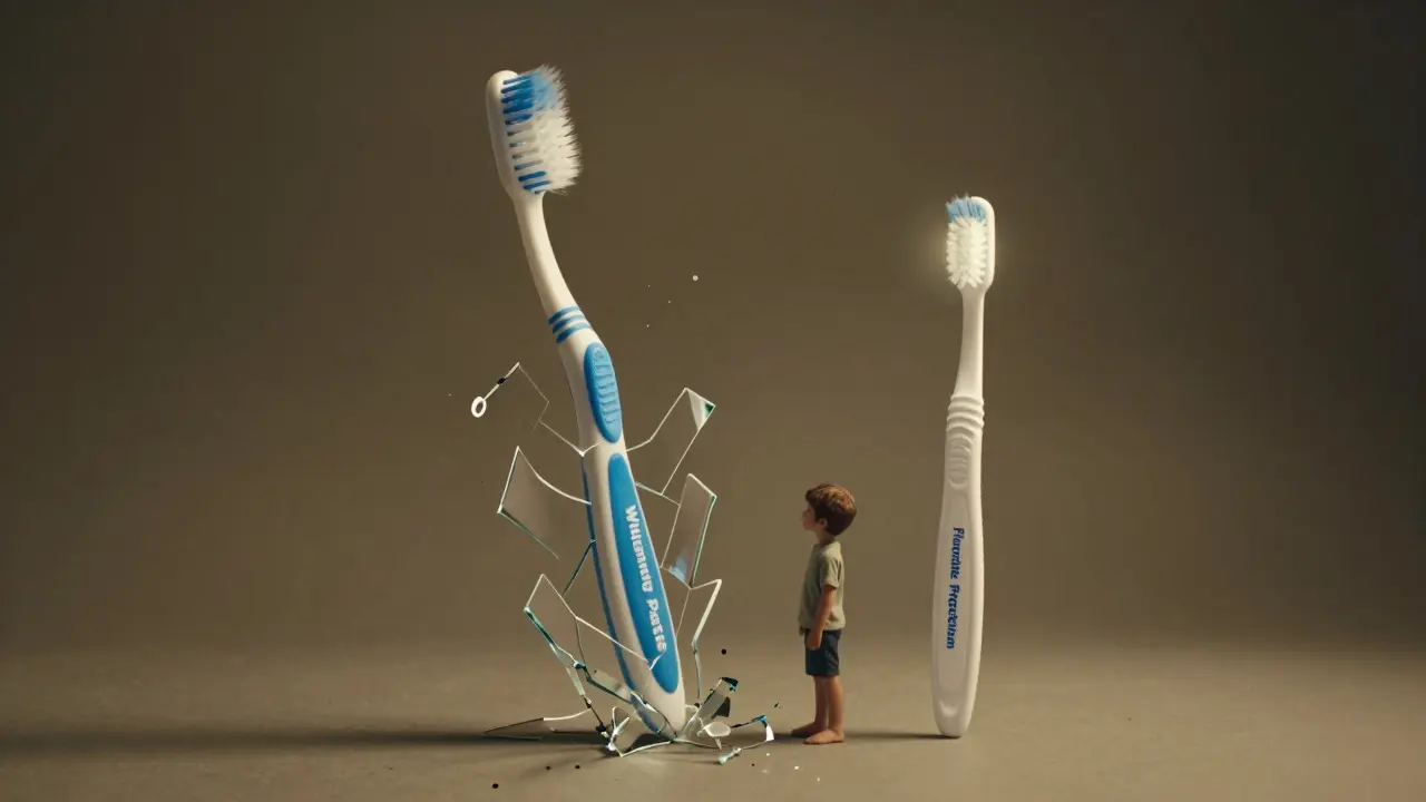 Symbolický obraz poškozené bělící pasty vedle bezpečné fluoridové pasty.