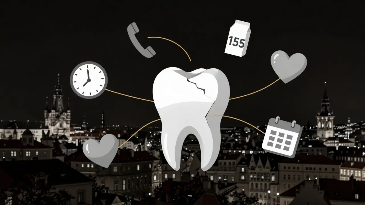 Symbolický obrázek poškozeného zubu s výzvami k akci: telefon, mléko, čas.