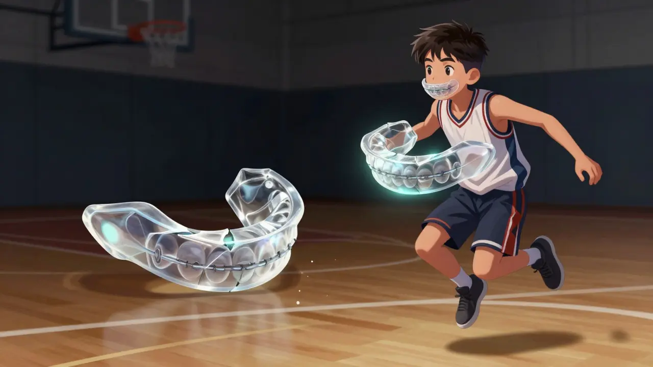 Teenager ve basketbalovém dresu skáče s chráněnými zuby, rozbitý štít na zemi.