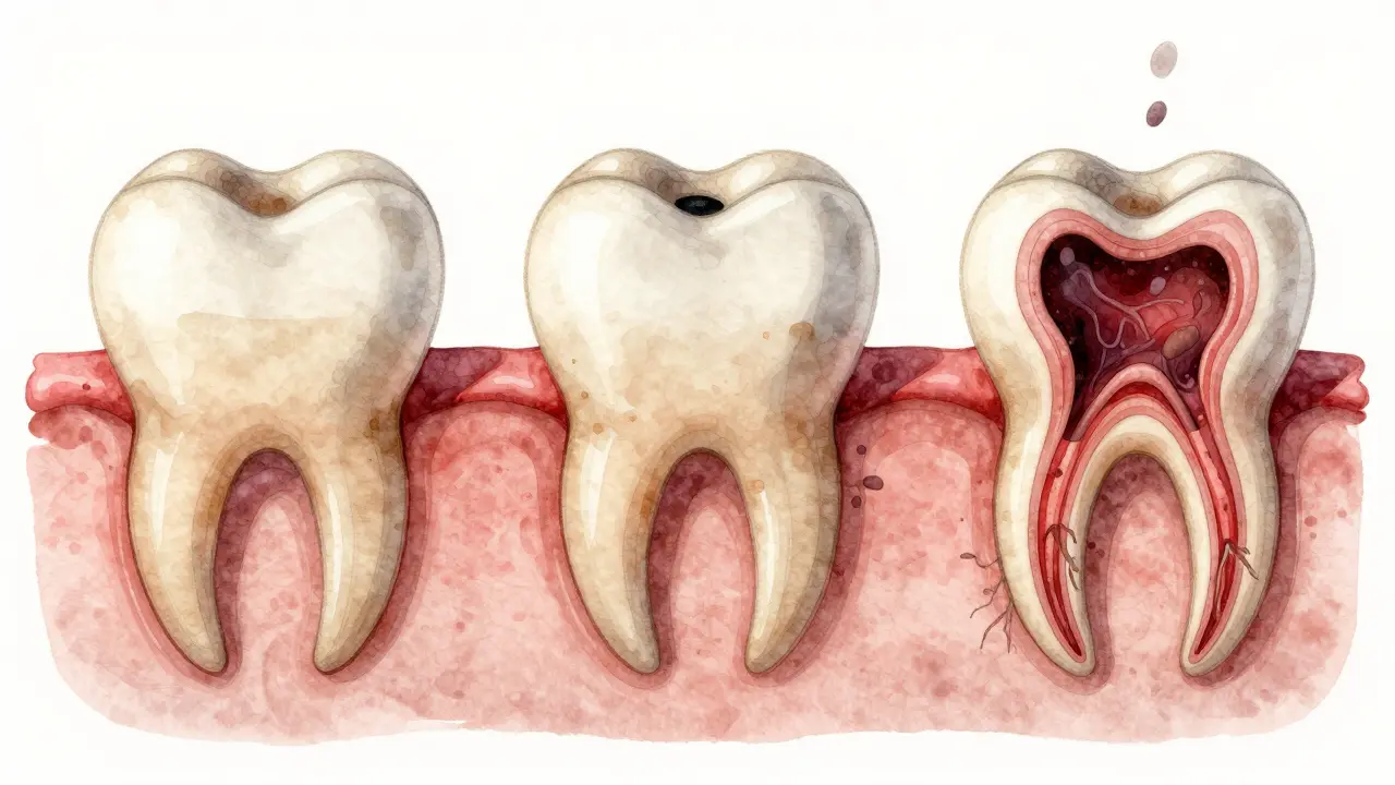 Three-panel illustration showing tooth decay progressing from healthy to infected pulp.