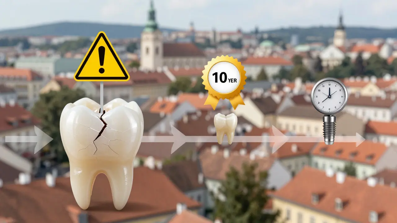 Timeline showing options for fixing a broken front tooth, from cheap filling to long-lasting ceramic inlay.