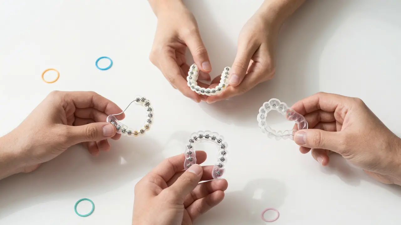 Tři typy ortodontických zařízení: kovové, keramické a průhledné rovnátka na bílém pozadí.