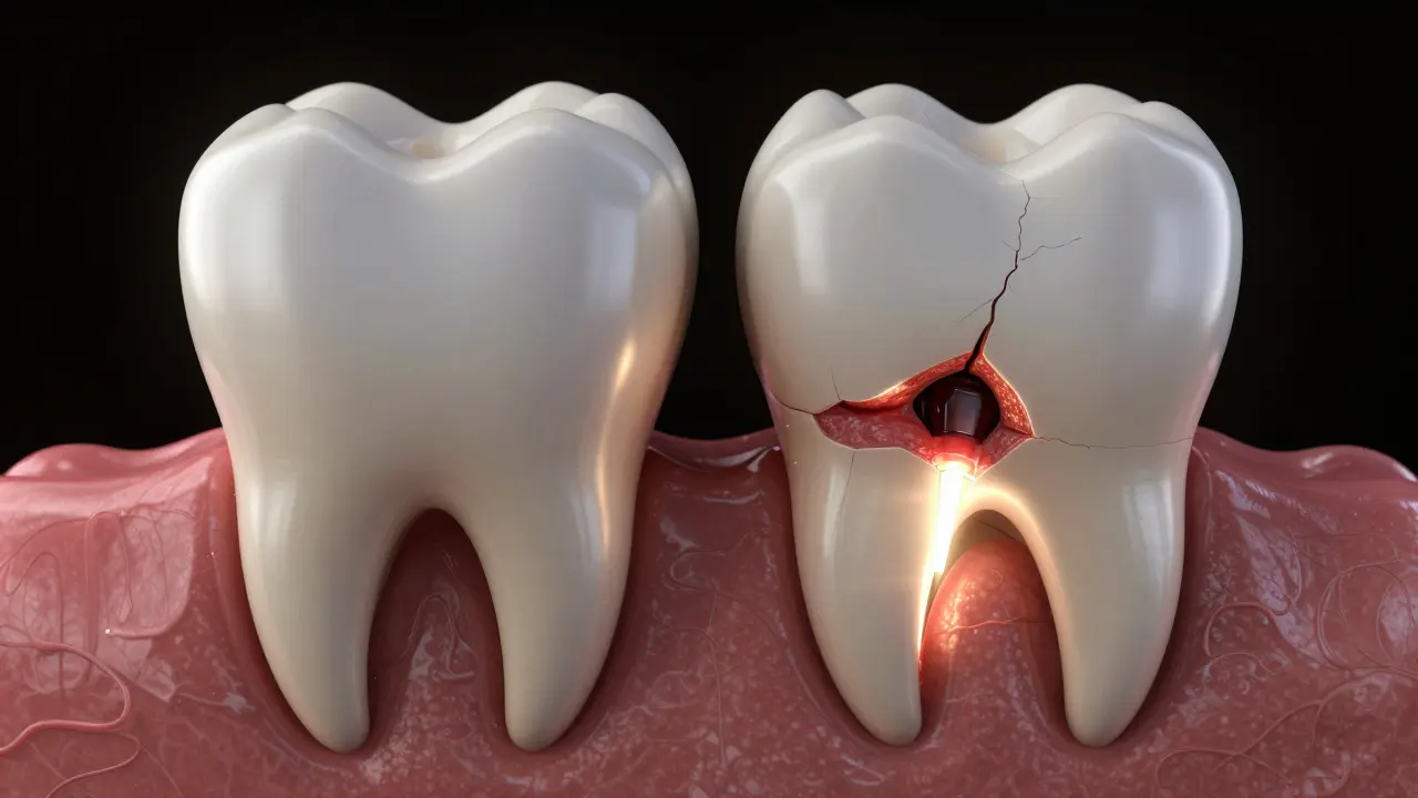 Zdravý zub vedle poškozeného s hnisavou infekcí v čelisti