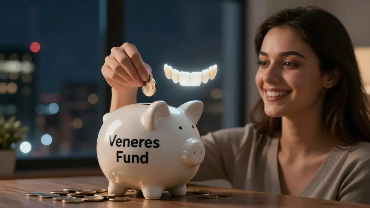 Žena ušetřuje na fazety – mince se mění v malé fazety tvořící úsměv.