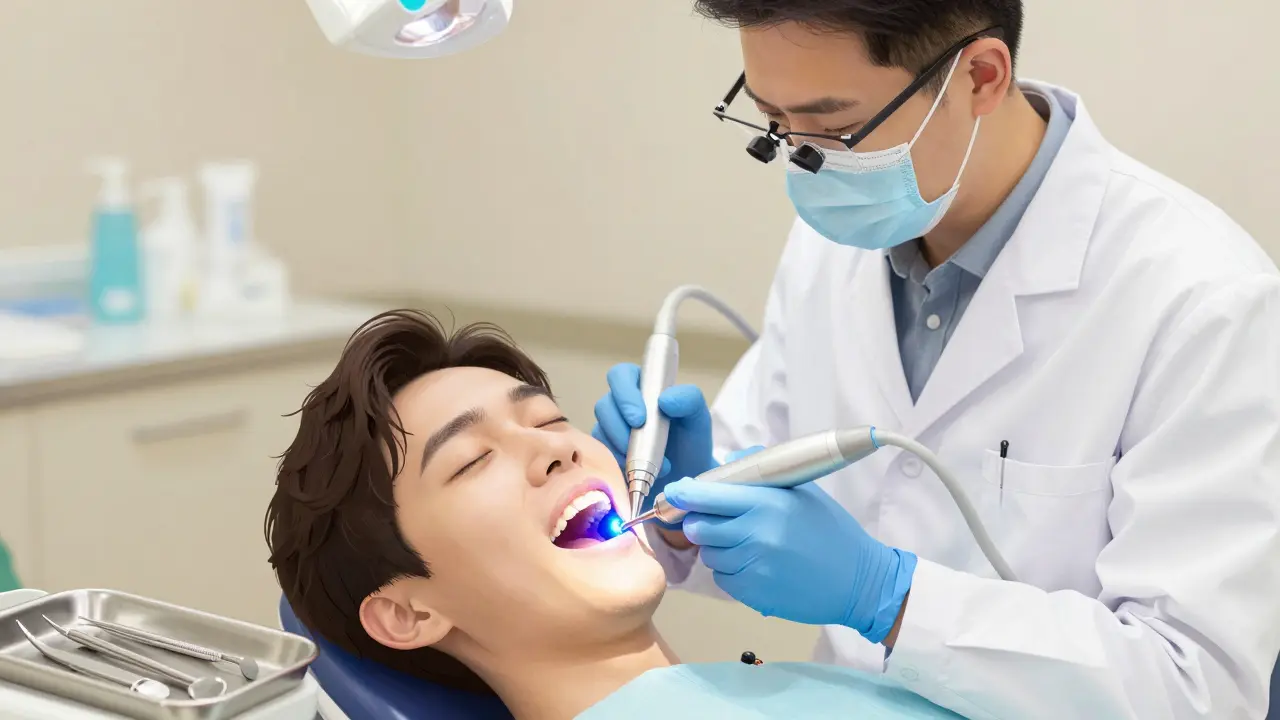 Zubař odstraňuje zubní kámen ultrazvukovým nástrojem