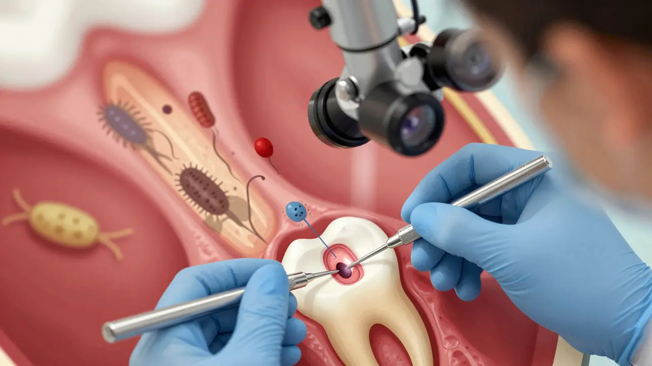 Zubař používá mikroskop k léčbě kořenových kanálků