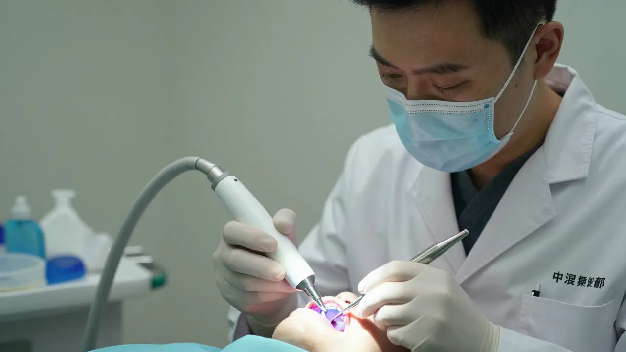 Zubař provádí ultrazvukové čištění pod dásní.