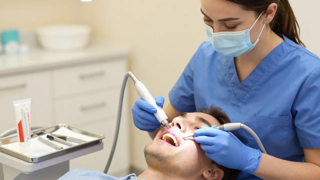 Zubní hygienistka odstraňuje zubní kámen ultrazvukovým přístrojem během profesionálního čištění.