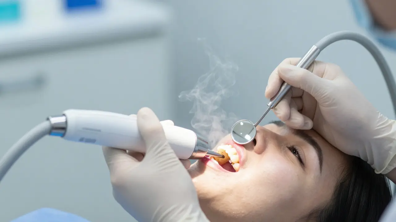 Zubní lékař odstraňuje zubní kámen ultrazvukovým nástrojem.