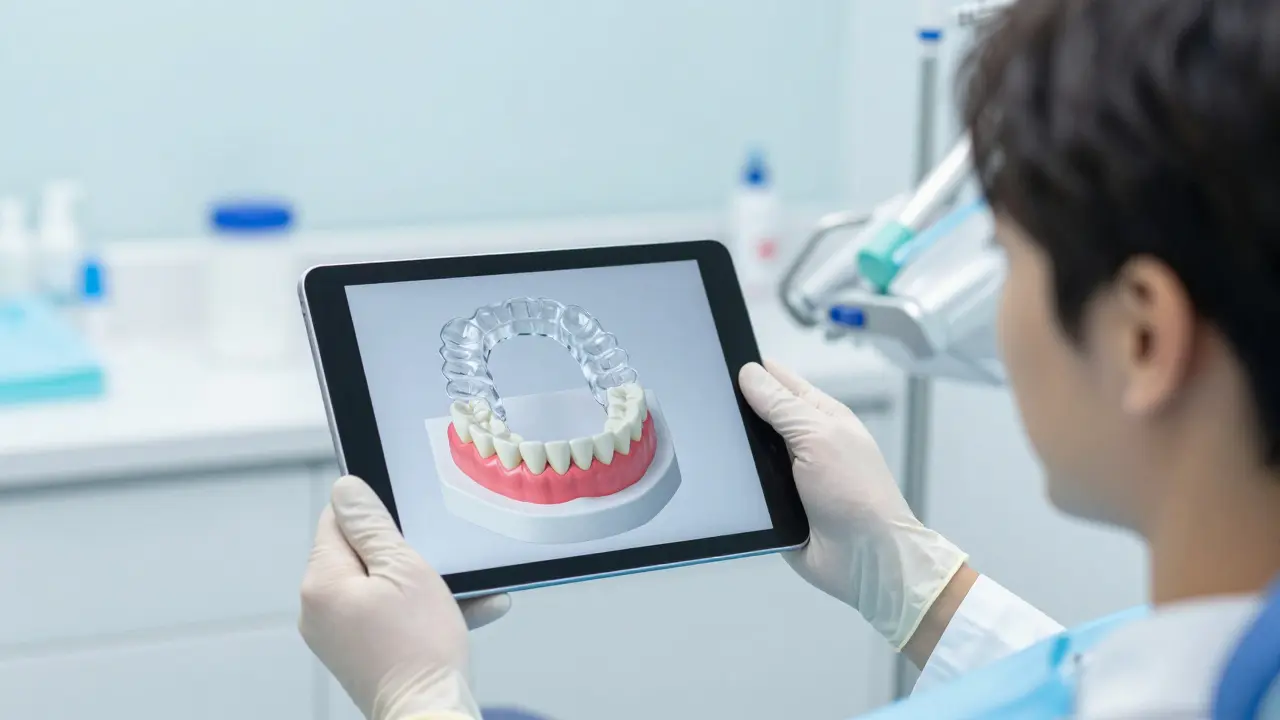 Zubní lékař ukazuje pacientovi digitální model, jak rovnátka uzavírají mezeru mezi zuby.