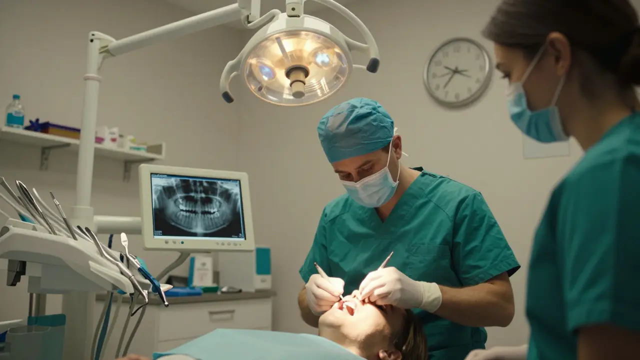 Zubní lékař vkládá dočasnou náplň pacientovi v noci v klinice.