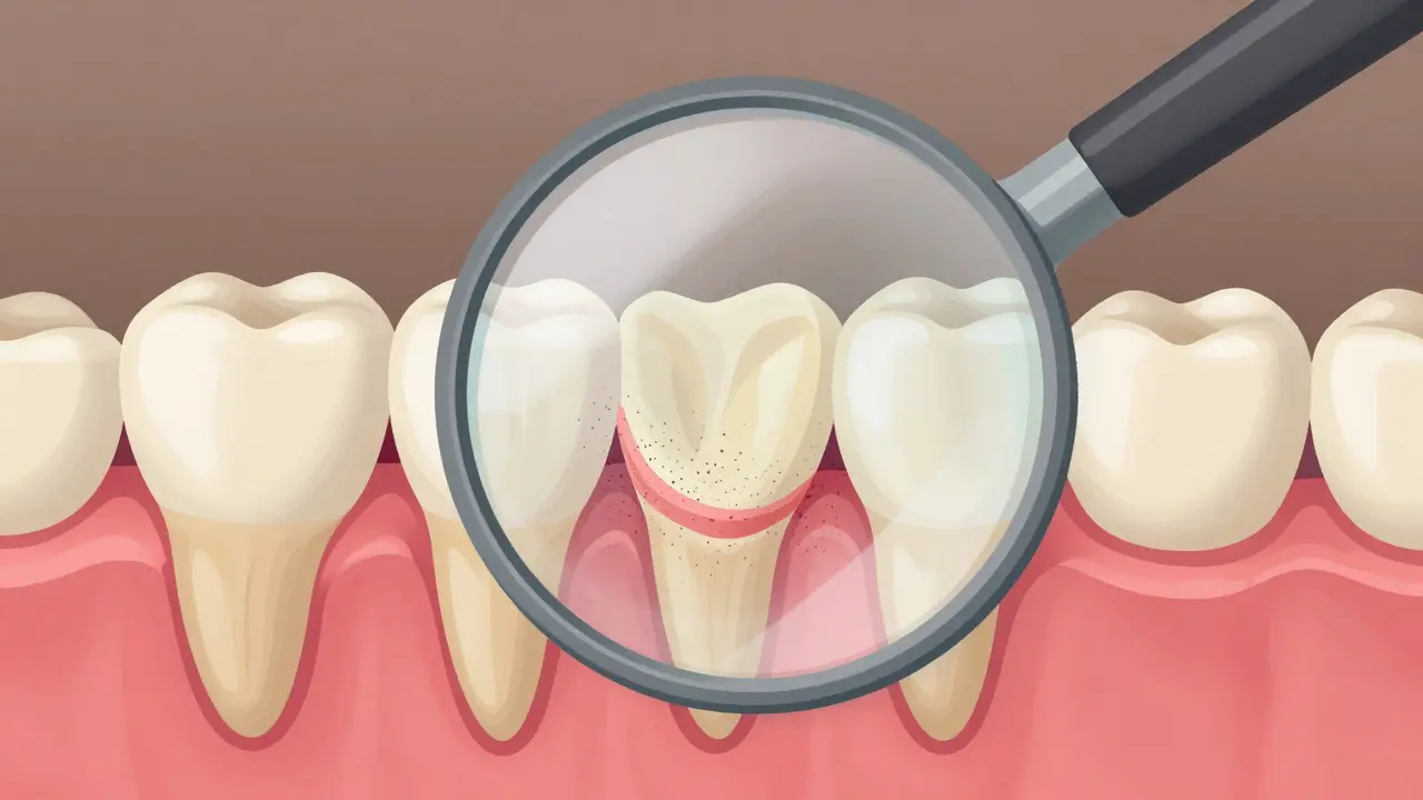 Zvětšený pohled na dětský zub s tenkou sklovinkou a viditelnou žlutou dentinou.