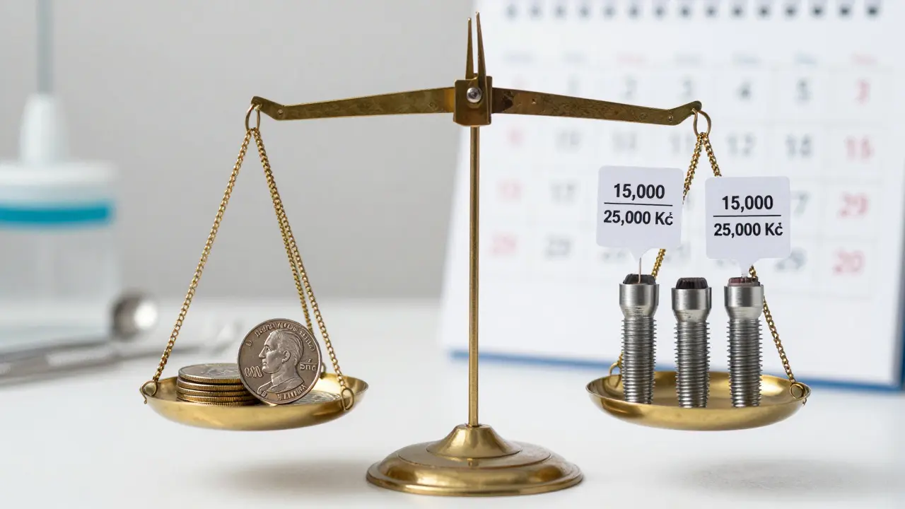 Balance scale comparing cost of periodontal scaling versus dental implants for tooth preservation.