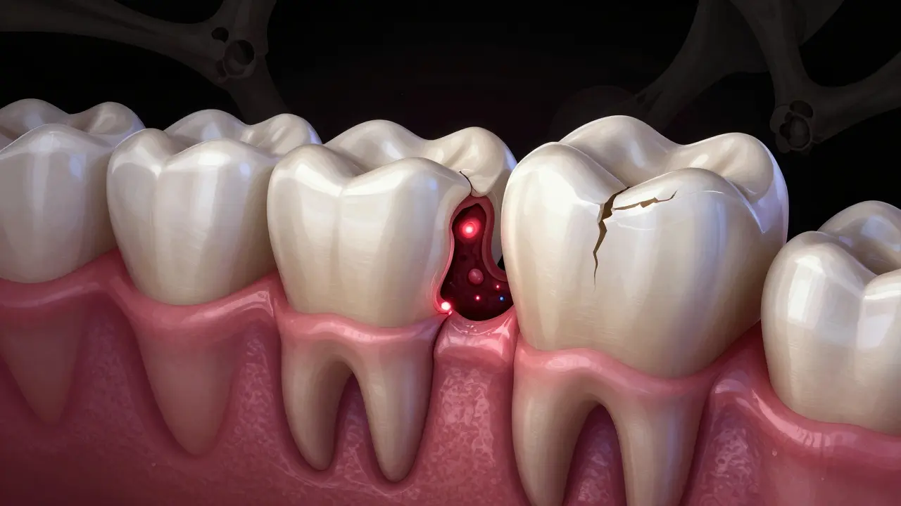 Částečně prorůstající osmická tlačí skrze zánětlivou dásen, s viditelnými známkami infekce a poškozením sousedního zubu.