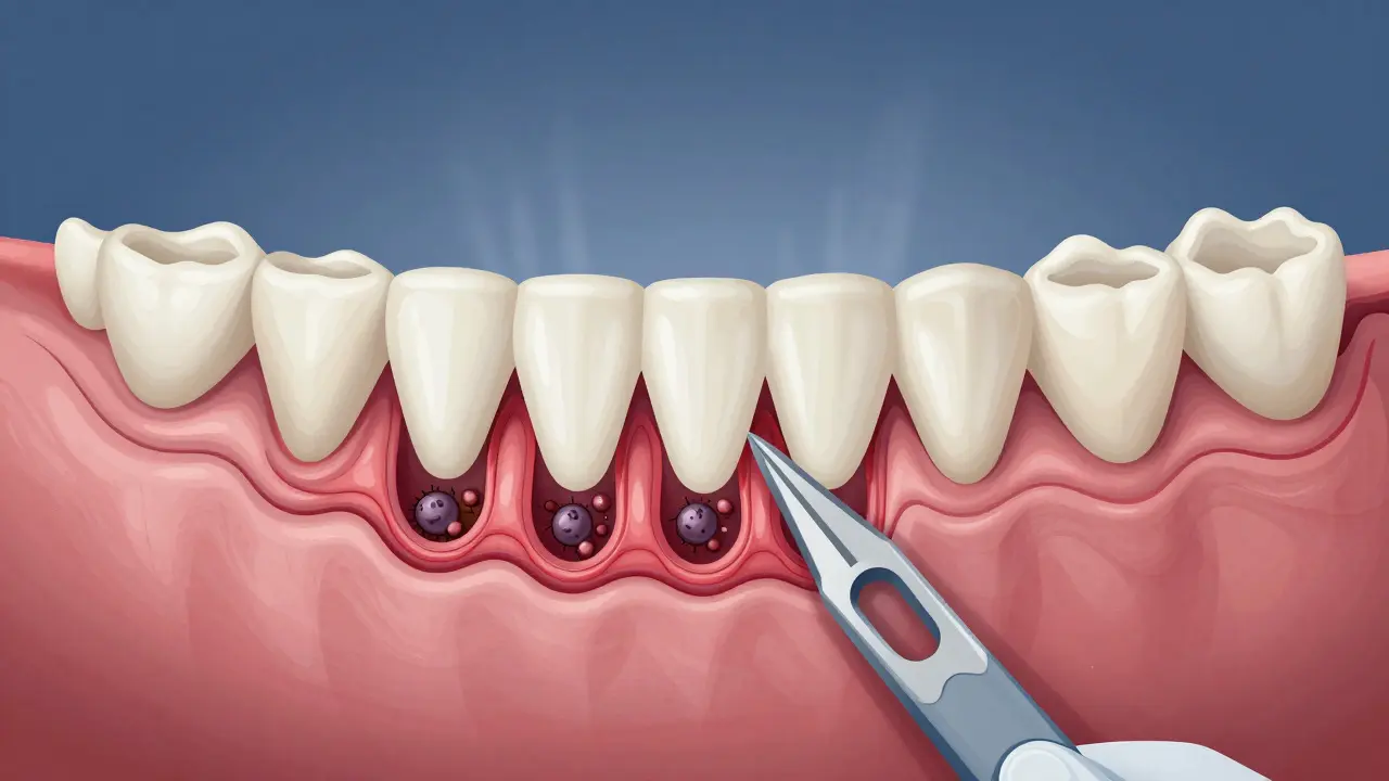 Cross-section of a jaw showing deep periodontal pockets and cleaning process.