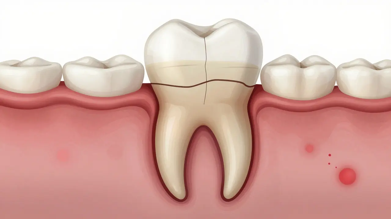 Cross-section of a tooth showing a crack extending from enamel into dentin and pulp.