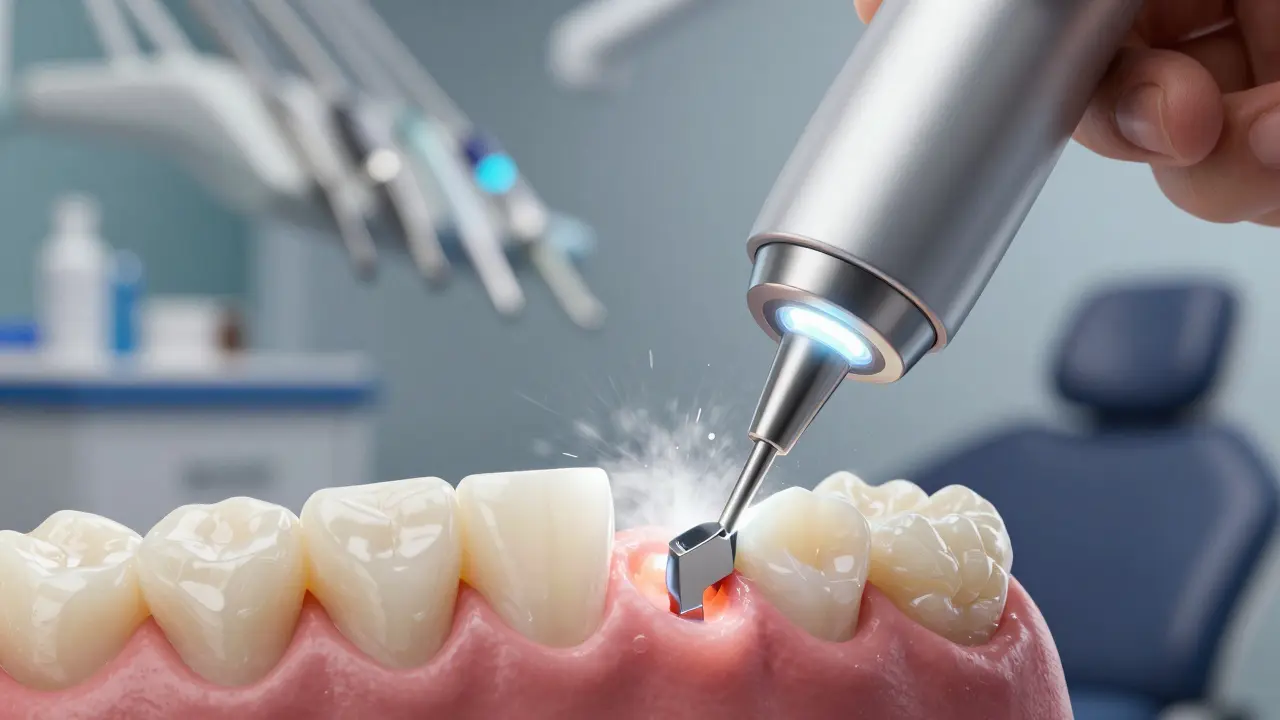 Detail ultrazvukového čističe zubů při rozkládání zubního kamene pod dásněmi.