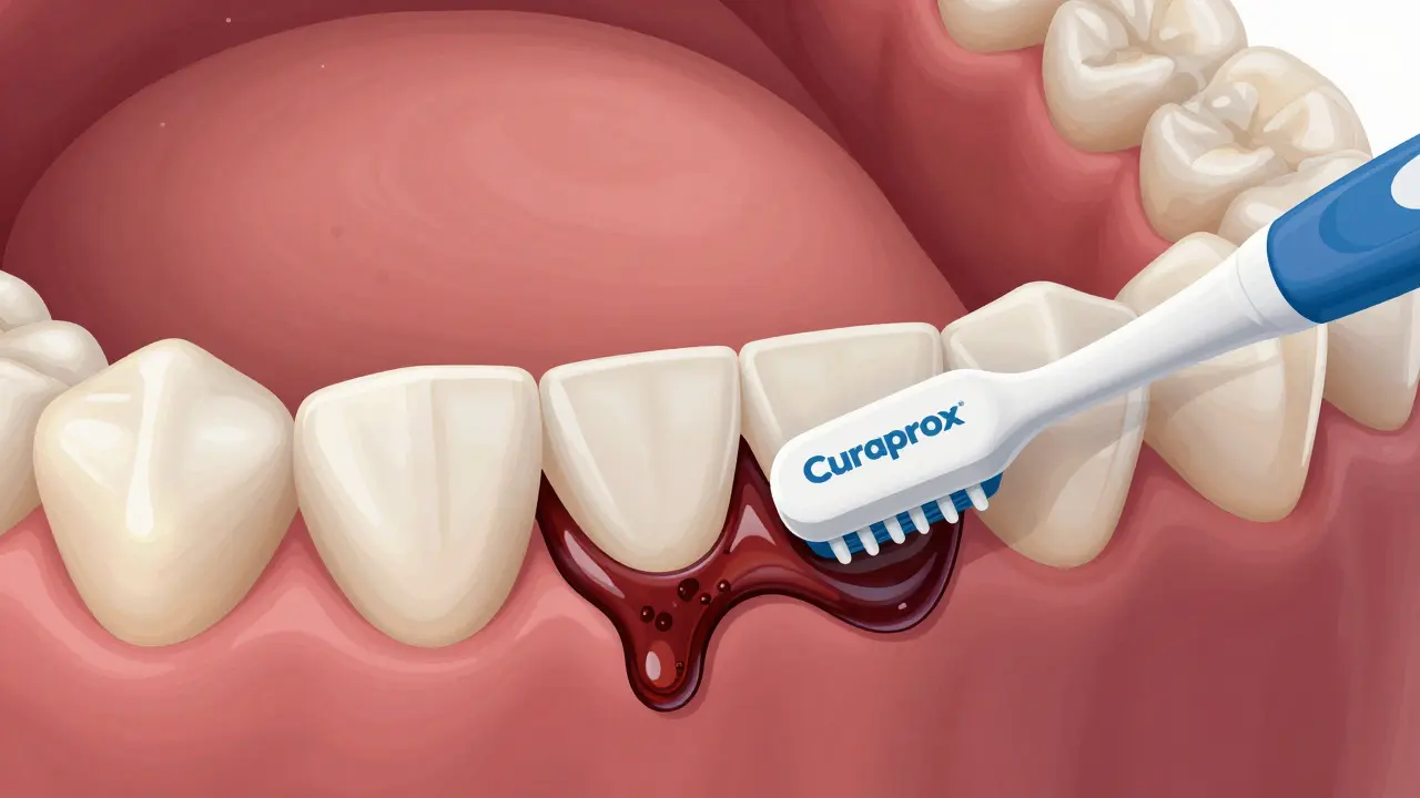 Detailní zobrazení plaku mezi zuby a podél dásní s jemným mezizubním kartáčkem Curaprox.